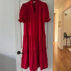 Pomander Place Bright Red Tiered Puff-Sleeve Maxi Dress